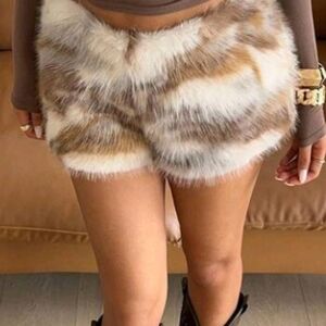 Stylish Faux Fur Women Shorts - Brown and White